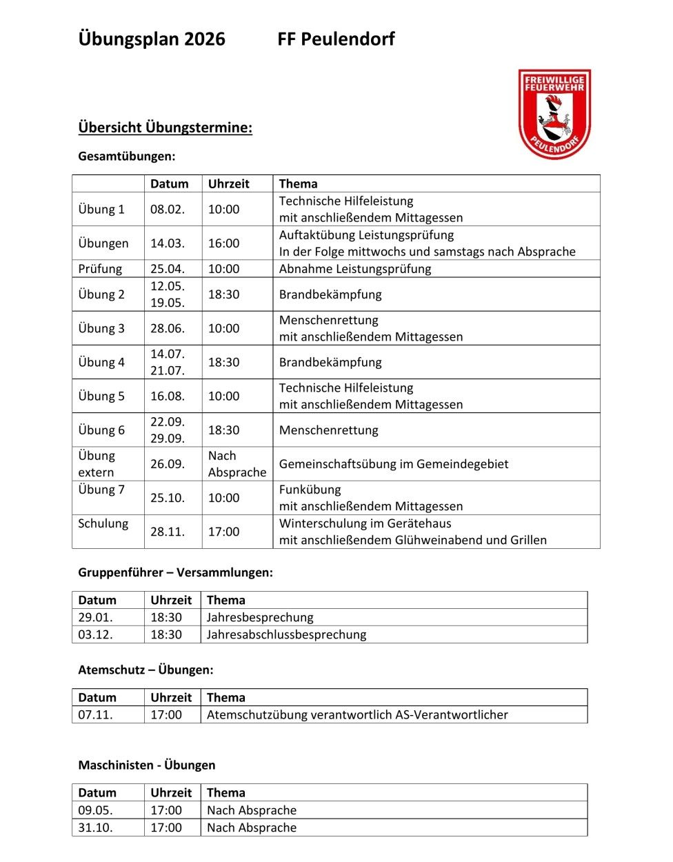 Übungsplan 2026