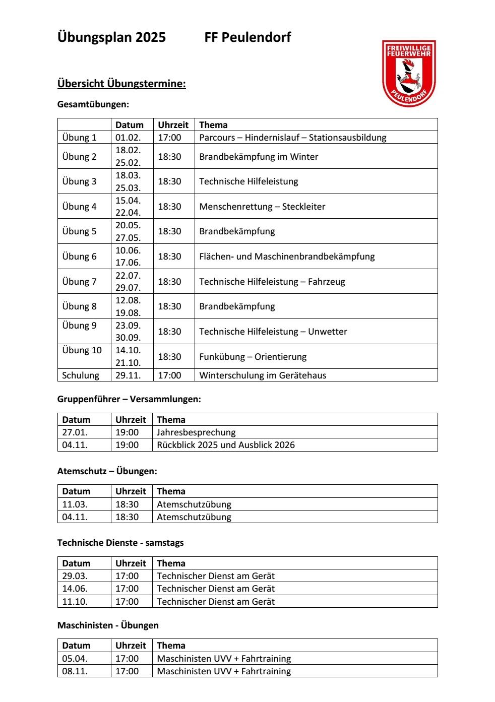Übungsplan 2025
